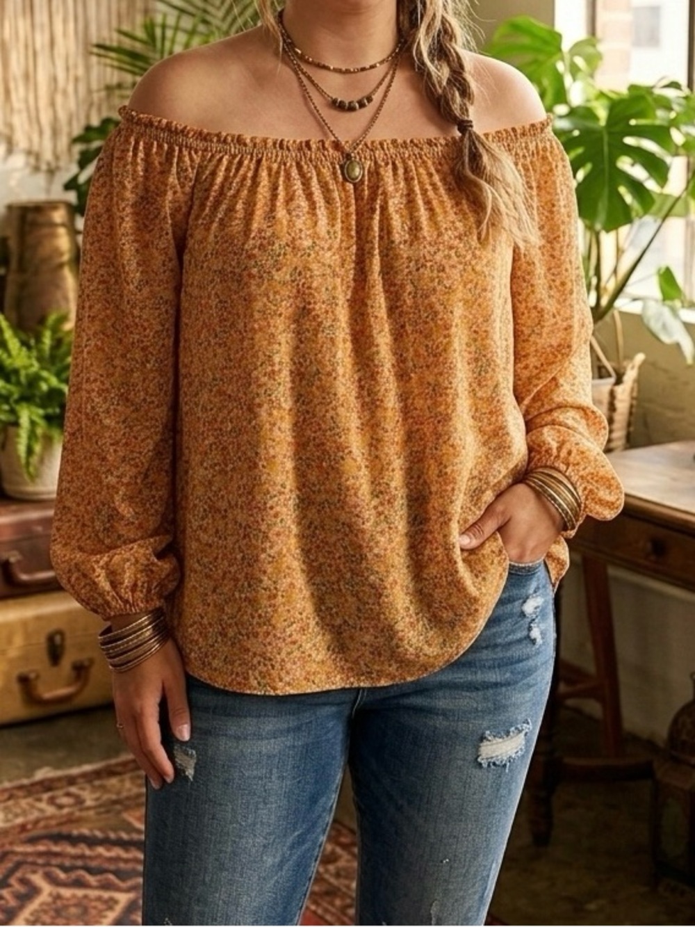 a.n.a Boho Ditsy Floral Peasant Blouse 1X 100% Cotton Balloon Sleeve Top Autumn